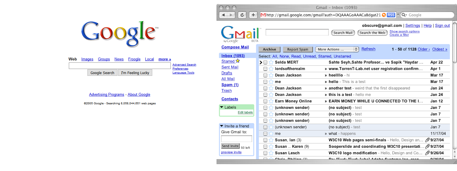 Screenshots of the Google Search and Gmail web pages taken in 2005.